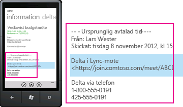 Skärmbild som visar telefonnumret för ett inkommande samtal och svarsknappen i Lync för mobil klient