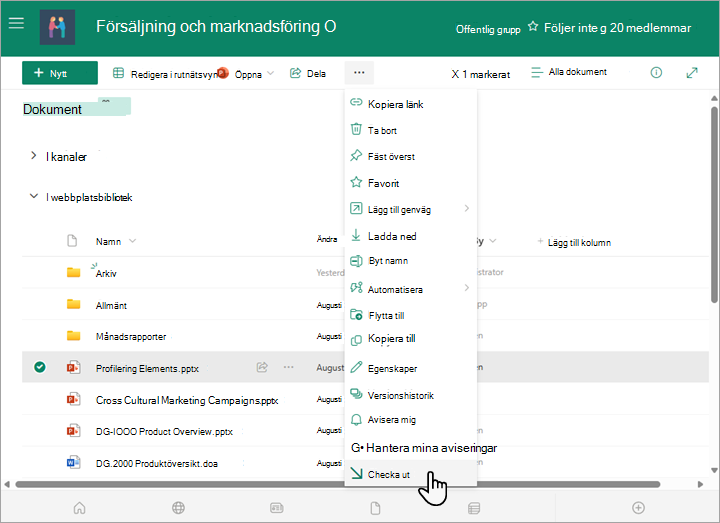 Välj utcheckningsalternativet på menyn Mer ovanför dokumentlistan.