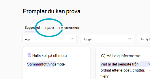 Promptbiblioteket för Copilot Lab med fliken Sparade prompter markerad.