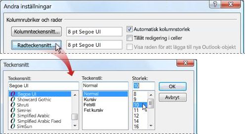 Ändra Teckensnitt Eller Teckenstorlek I Meddelandelistan - Outlook
