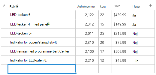 Snabbredigeringsformulär för en lista