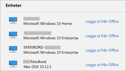 Visar Windows- och Mac-enheter och länken Logga ut från Office på account.Microsoft.com