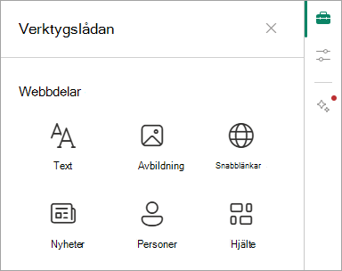 Skärmbild som visar Verktygslådan och några av de tillgängliga webbdelarna.