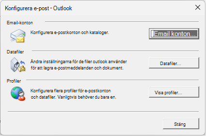 Konfigurera e-post – Dialogrutan Outlook som du öppnar via e-postinställningarna i Kontrollpanelen.