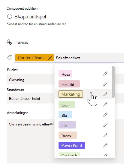 Välja en etikett i uppgiftsinformationen i Planner