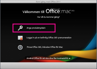 Aktiveringsskärm för Office för Mac
