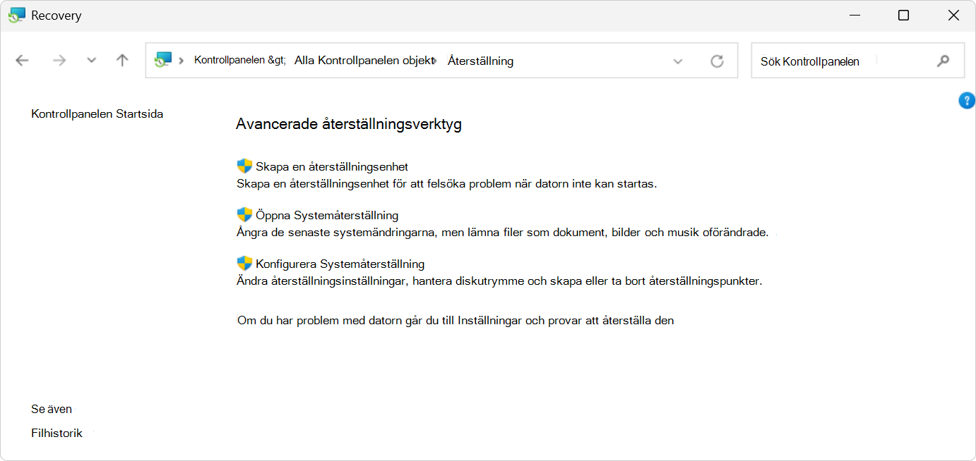 Skärmbild av återställningsalternativen i Kontrollpanelen.