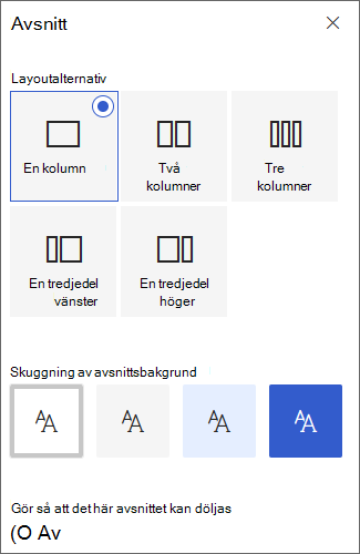 Skärmbild av verktygslådan Avsnitt.