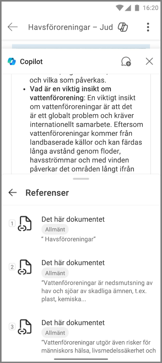 Skärmbild av Copilot i Word på en Android-enhet med referenser för Copilots svar