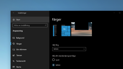 Sidan färger i Windows-inställningar visas i mörkt läge