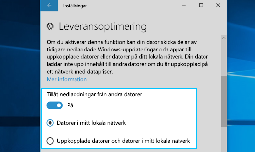 Inställningar för Leveransoptimering i Windows 10