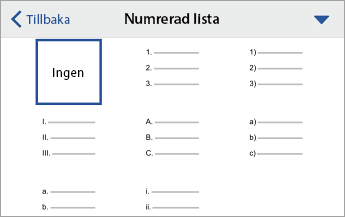 Kommandot Numrerad siffra har utökats och visar formateringsalternativ