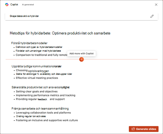 Skärmbild av funktionen Lägg till mer med Copilot i PowerPoint Copilot.