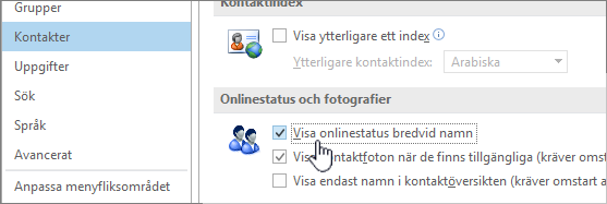 Fliken Kontakter i dialogrutan Alternativ med Visa onlinestatus markerat