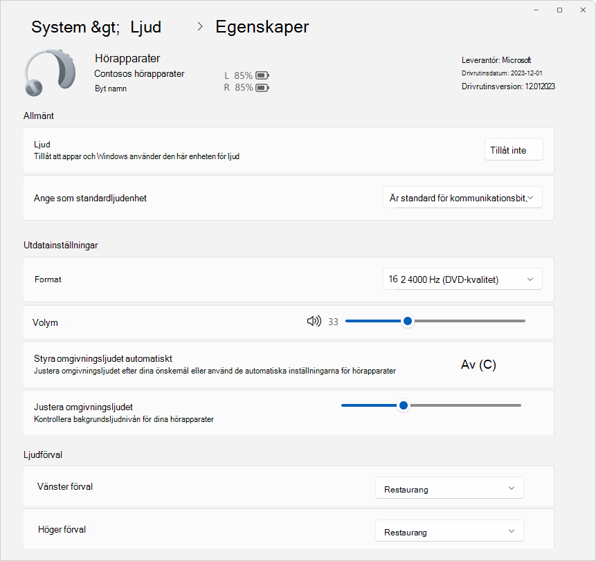 Skärmbild av Inställningar > System > Ljud > Egenskaper som visar några tillgängliga alternativ för att konfigurera en hörapparat.