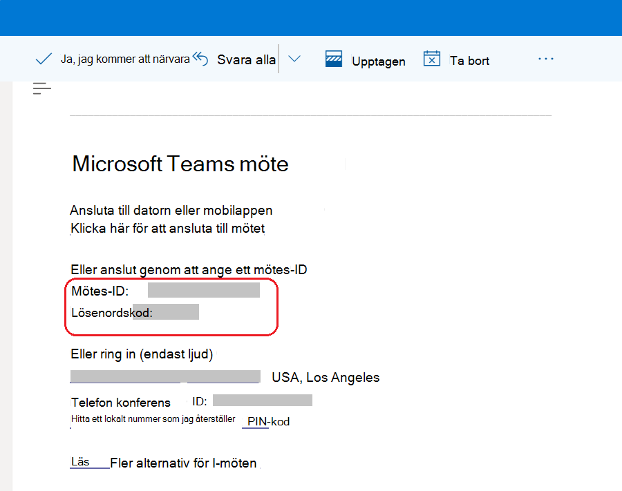 Bild som visar alternativen för Teams-mötesanslutning längst ned i en mötesbjudan i Outlook. Mötes-ID och lösenord är markerade. 