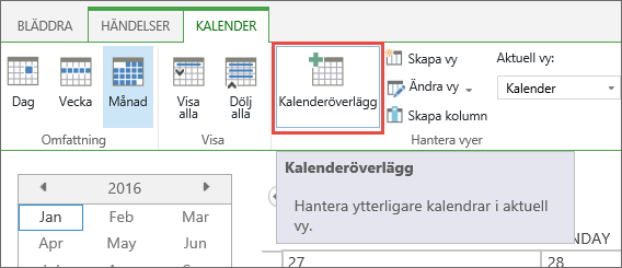 Knappen Kalenderöverlägg i menyfliksområdet