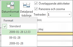 Knappen och menyn Datumformat för tidslinjen i Project