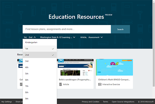 Startsida för utbildning resurser med filtret nedrullningsbara