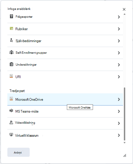 Bifoga OneDrive-fil till en uppgift med snabblänksmenyn Bifoga i Brightspace-uppgift.