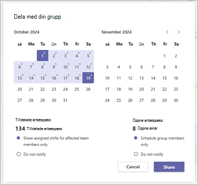 Dialogrutan Dela med din grupp för att dela ett schema i Arbetspass.