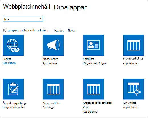 Visa en lista med appar på sidan Webbplatsinnehåll