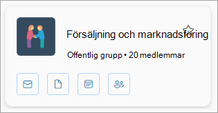 På ett gruppkort visas gruppens namn, antal medlemmar och ikoner för e-post, filer, kalender och medlemmar.