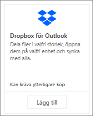 Skärmbild av panelen för Outlook-tillägget Dropbox som är tillgängligt utan kostnad.