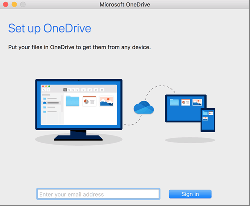Skärmbild av den första sidan i installationsprogrammet för OneDrive