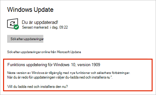 Windows Uppdatering som visar placeringen av funktionsuppdateringen