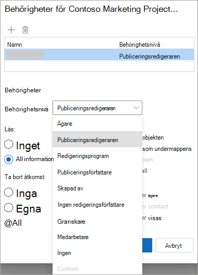 Skärmbild som visar listrutan Behörighetsnivå när du delar en mapp