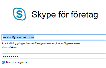 Skärmbild av inloggningsskärmen i Skype för företag.