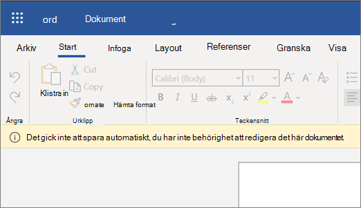 Skärmbild av felet Det gick inte att spara automatiskt när du redigerar ett dokument i Word