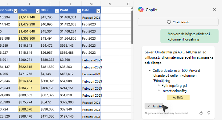 Skärmbild av hur du markerar värden med Copilot i Excel.
