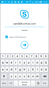 bild av inloggnings skärmen för Skype för företag på en Android-telefon