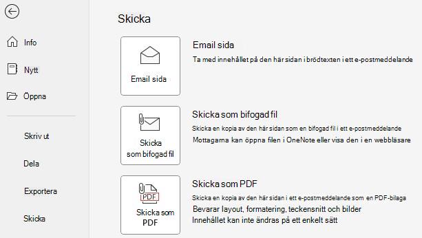 Skärmbild av knapparna Skicka som bifogad fil och Skicka som PDF.