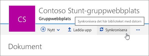 Dokumentbiblioteksrubrik där Synkronisera har markerats