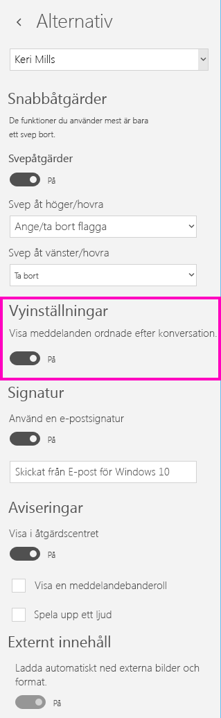 Inaktivera konversationsvyn i appen E-post för Windows 10