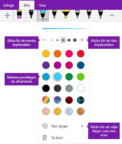 Pennanteckningar bredd och färg Linjealternativ i OneNote för Windows 10