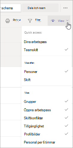 Anpassa schemavyn i Arbetspass med hjälp av alternativen på visa-menyn.