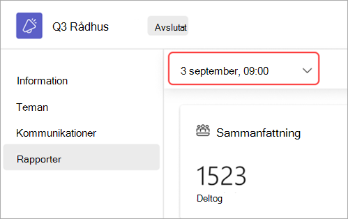 Skärmbild som belyser användargränssnittet för hur du visar rapporter om allmänna möten för ett annat datum