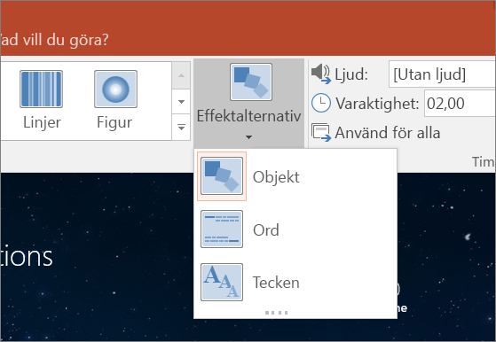 Visar alternativ för övergångseffekter för övergången Morfning i PowerPoint 2016