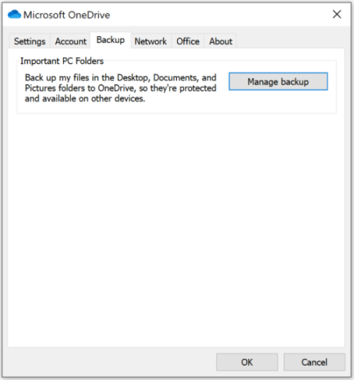 Viktigt alternativ PC mappen OneDrive Backup på fliken.
