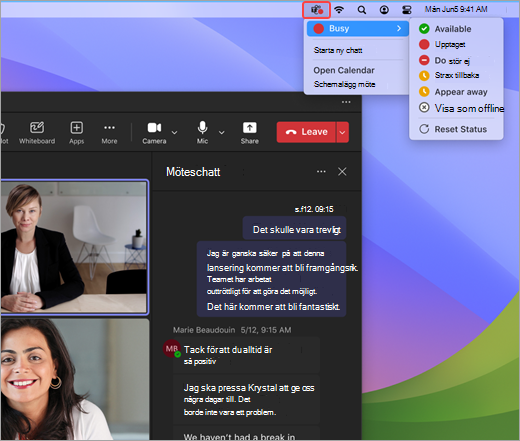 Skärmbild som visar snabbåtgärdsmenyn för Teams på Mac.
