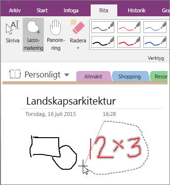 Skärmbild av hur du använder knappen Lassomarkering i OneNote 2016.
