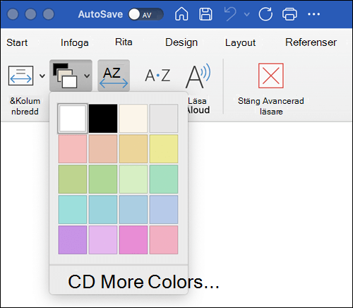 Sidans färgalternativ som visas för Integrerande läsare i Word för Mac