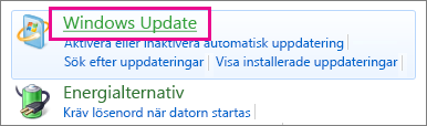 Windows Update-länken i Kontrollpanelen