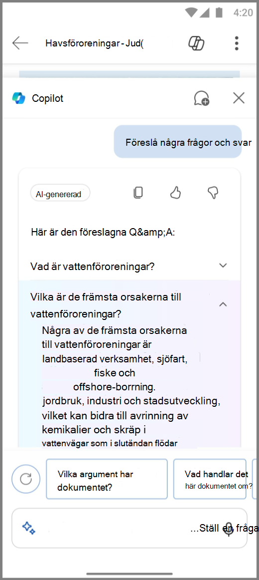 Skärmbild av Copilot i Word på en Android-enhet med förslag på svar på frågor och svar