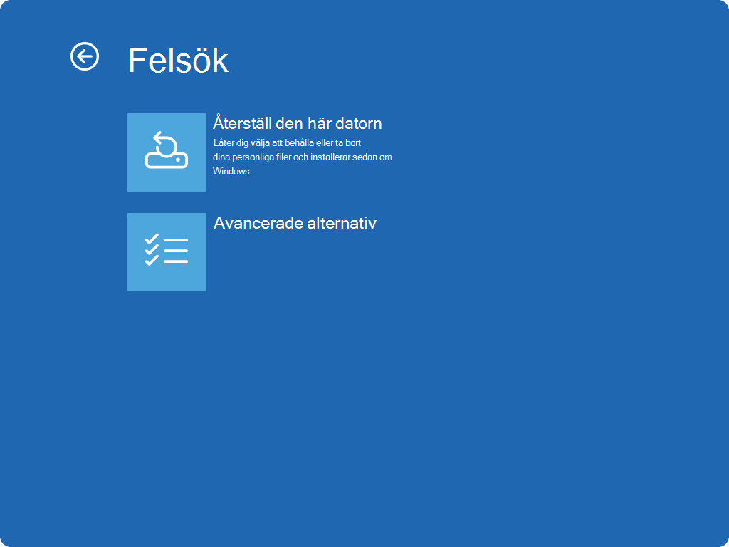 Skärmbild av Windows RE – felsökningsskärmen.