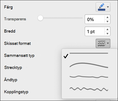 Alternativ för linjeformat i Mac med Skissat format markerat